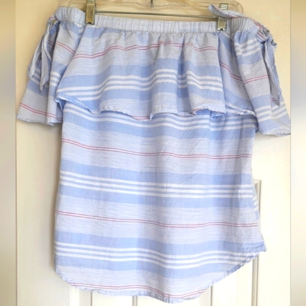 Off-Shoulder Ruffle Striped Blue Top - Picture 2 of 6